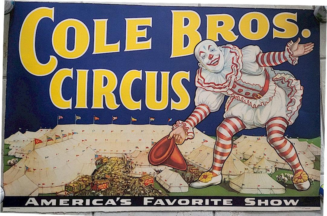 Circus Poster Original Vintage Cole Bros Circus Clown Art 1940