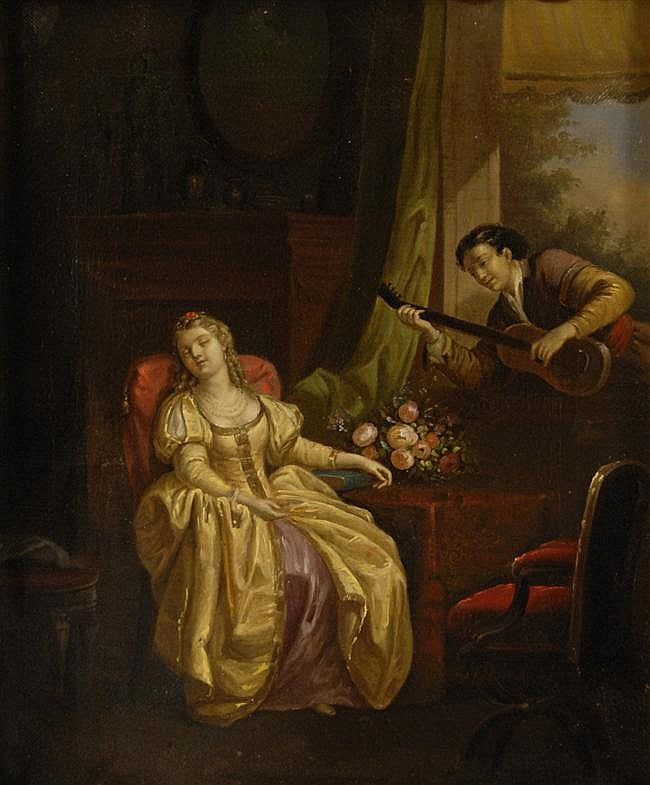 Continental School "Lady Being Serenaded" 19th century painting