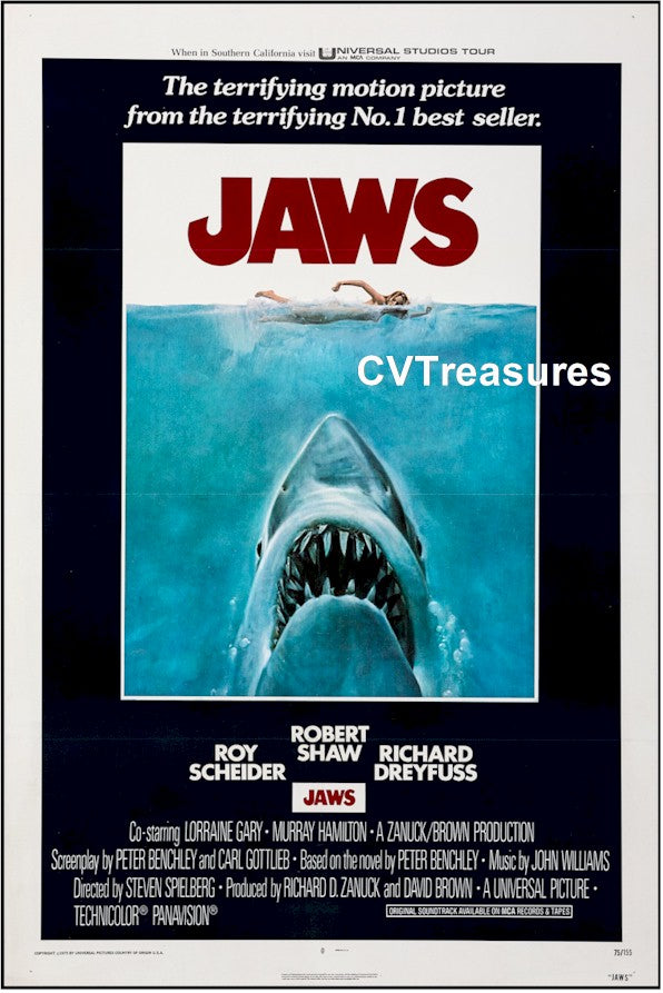 Jaws Poster 1975 Original Authentic Vintage Movie Theater Poster One Sheet Linen Backed