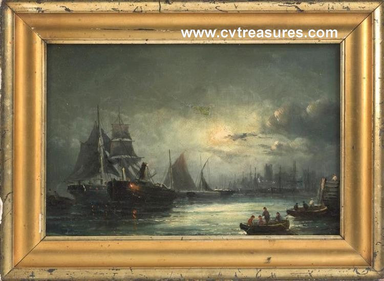 Marine Moonlit Harbor Scene Antique Oil Painting CONTINENTAL sch