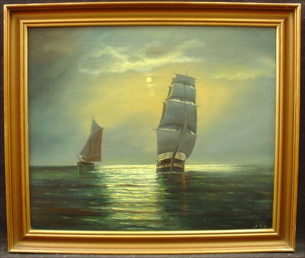 P. Toft "Ships on Moonlit Ocean" Seascape Marine Art Painting