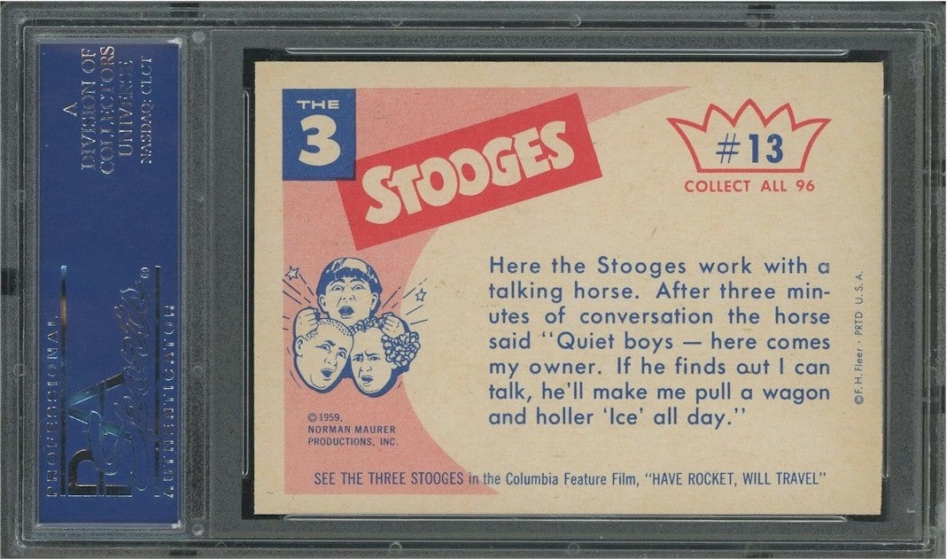 Three Stooges  1959 Fleer Gum Wax Card #13  PSA 9 “Curly. the horse is the one in front"