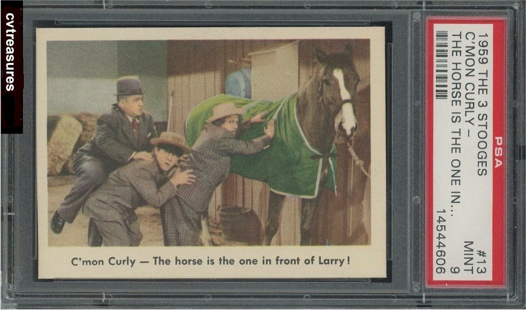 Three Stooges  1959 Fleer Gum Wax Card #13  PSA 9 “Curly. the horse is the one in front"