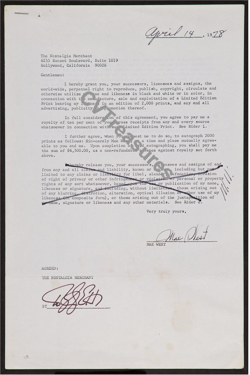 Mae West Signed Contract for Nostalgia Merchant Litho