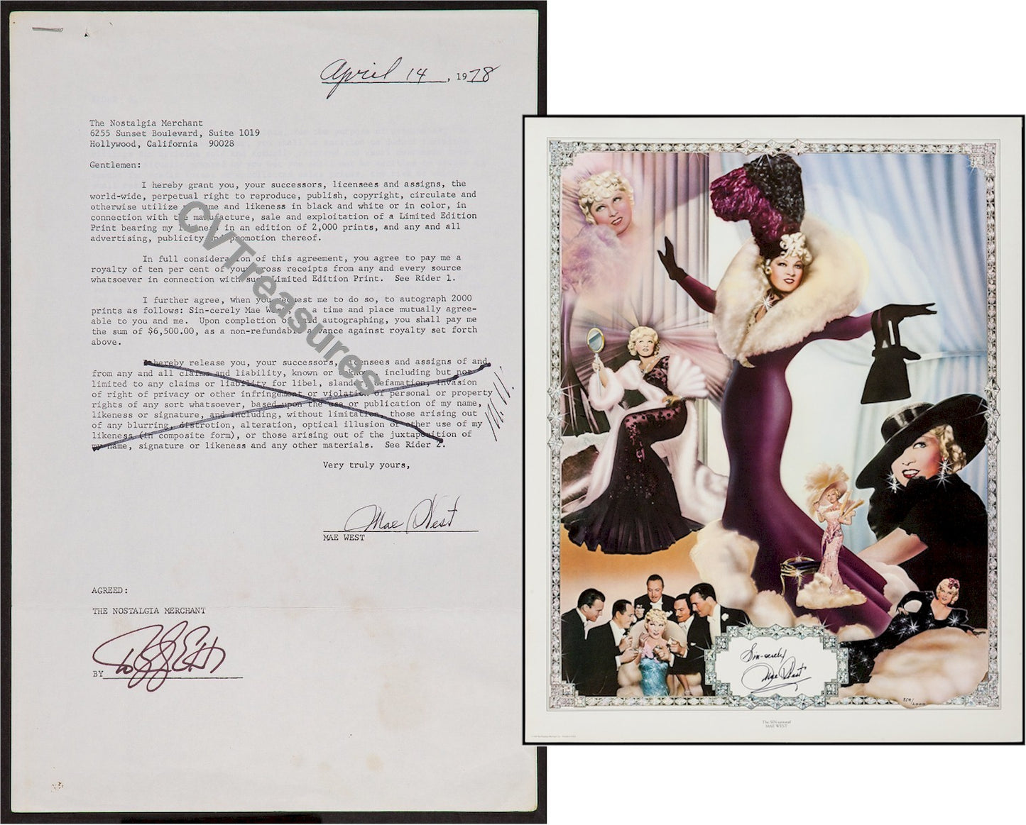 Mae West Signed autographed Contract for Nostalgia Merchant Litho