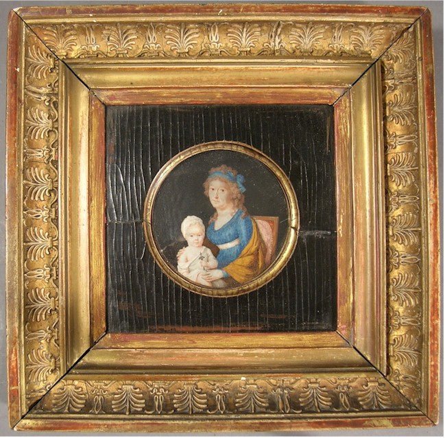 Mother & Child 18th Century Miniature Antique Fine Art Oil Portrait Painting