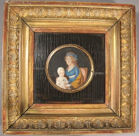 Mother & Child 18th Century Miniature Antique Fine Art Oil Portrait Painting