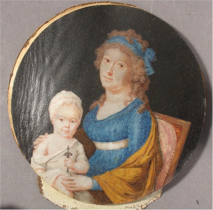 Mother & Child 18th Century Miniature Antique Fine Art Oil Portrait Painting