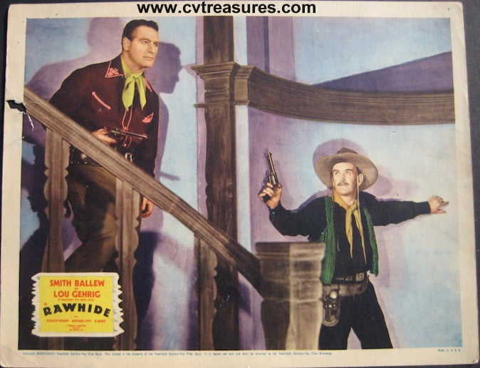 Rawhide, Lou Gehrig vintage lobby card, gun stairs